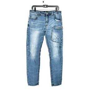 ZLZ Denim Mens Blue Cargo Jeans Distressed Details Utility Pockets Size 32 x 31